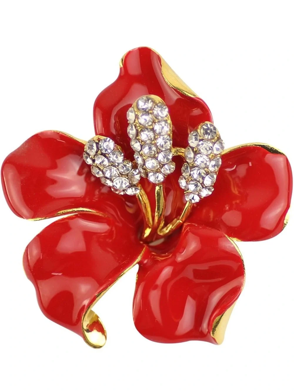 Anthropologie Red Enamel Floral Brooch with Crystal Accents